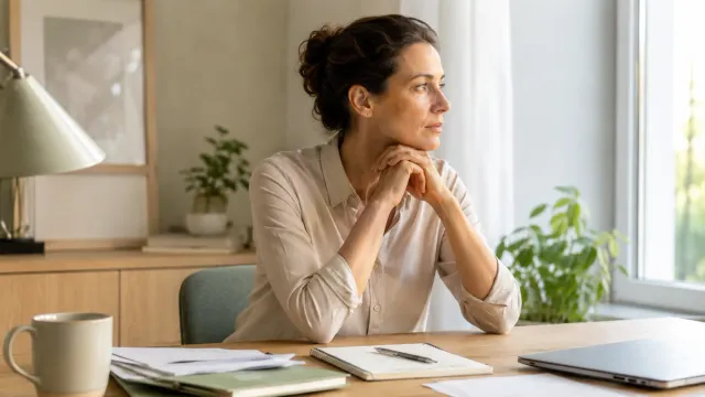 Femme assise à un bureau, les mains jointes, regardant par la fenêtre près d’un ordinateur portable et de documents.