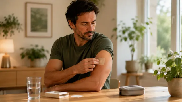 Homme assis appliquant un patch sur le haut du bras, avec une boîte ouverte et un étui posés sur la table.