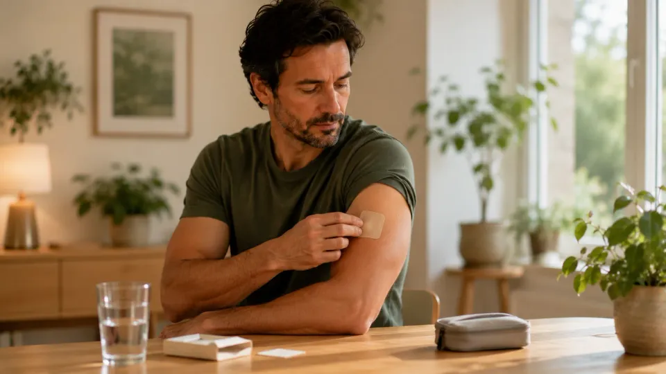 Homme assis appliquant un patch sur le haut du bras, avec une boîte ouverte et un étui posés sur la table.