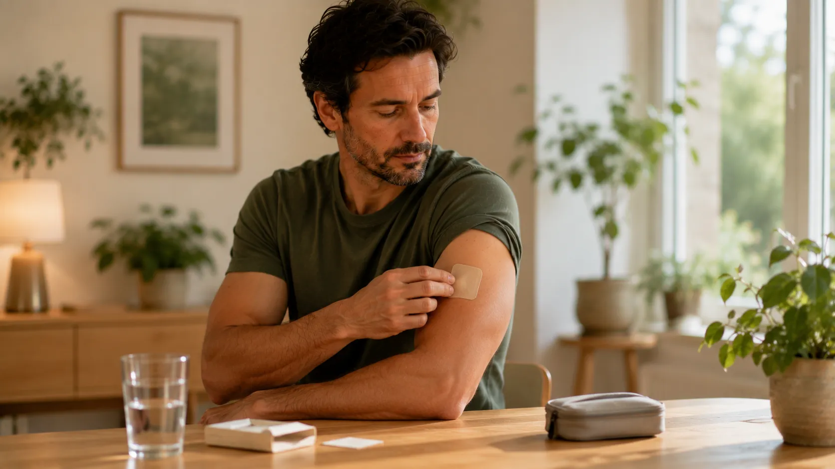 Homme assis appliquant un patch sur le haut du bras, avec une boîte ouverte et un étui posés sur la table.