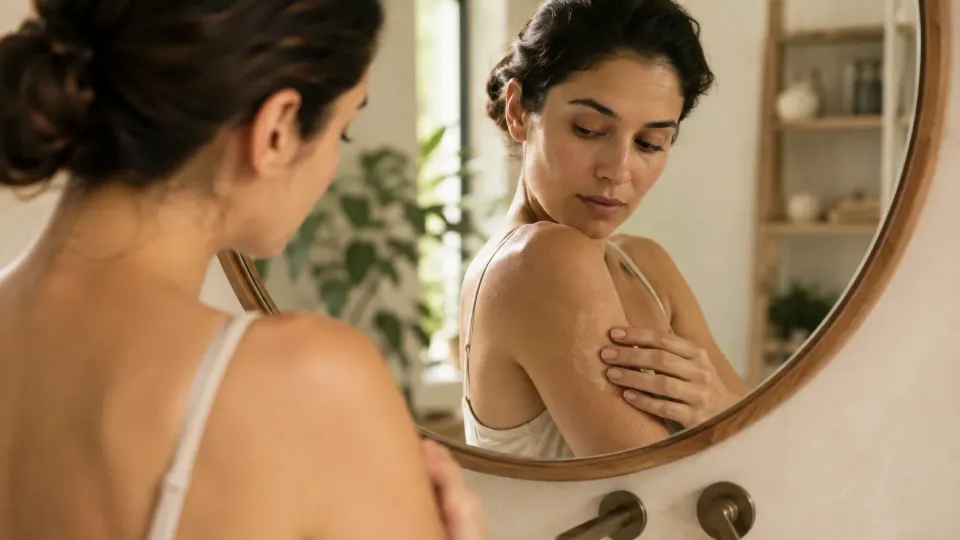 Femme observant dans un miroir des zones de peau plus claires sur l’épaule, évoquant des taches blanches sur la peau.