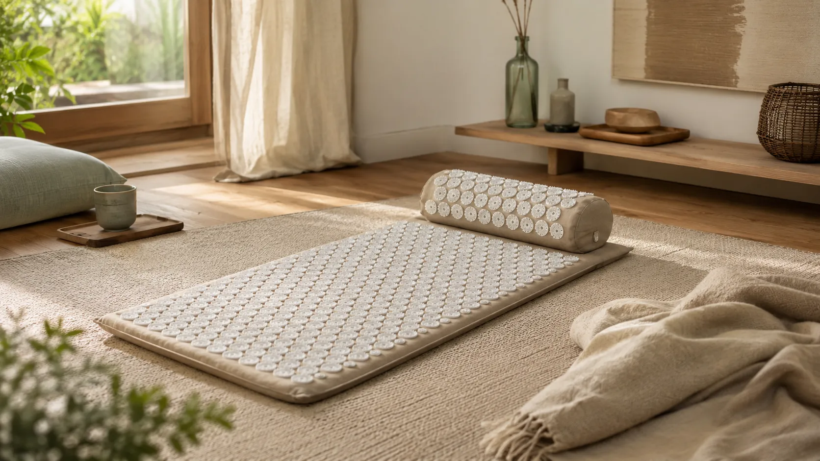 Tapis d’acupression beige à picots blancs avec son coussin assorti dans un intérieur lumineux.