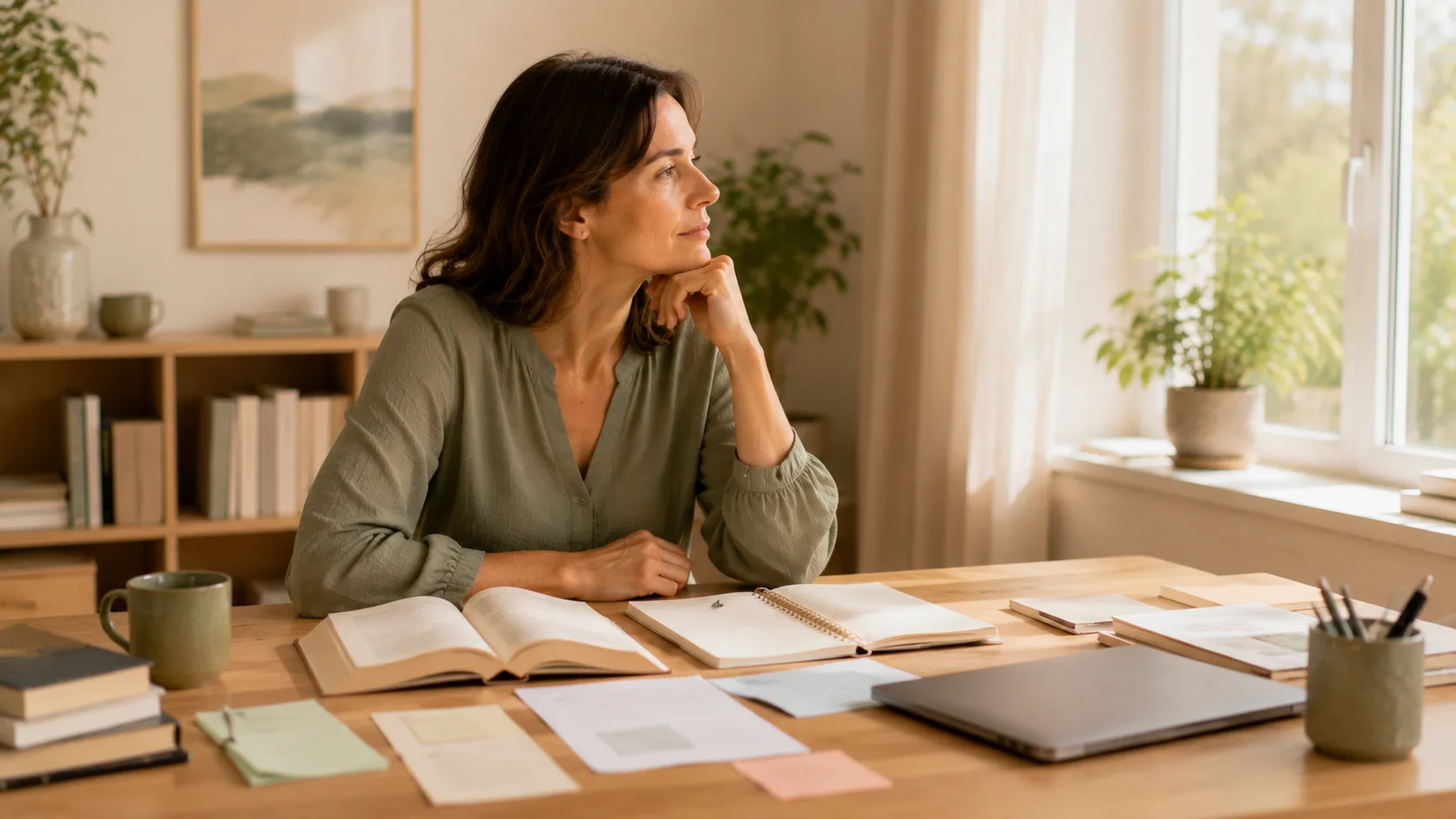 Femme assise à un bureau avec un livre ouvert, un carnet, des notes et un ordinateur portable fermé, regardant par la fenêtre.