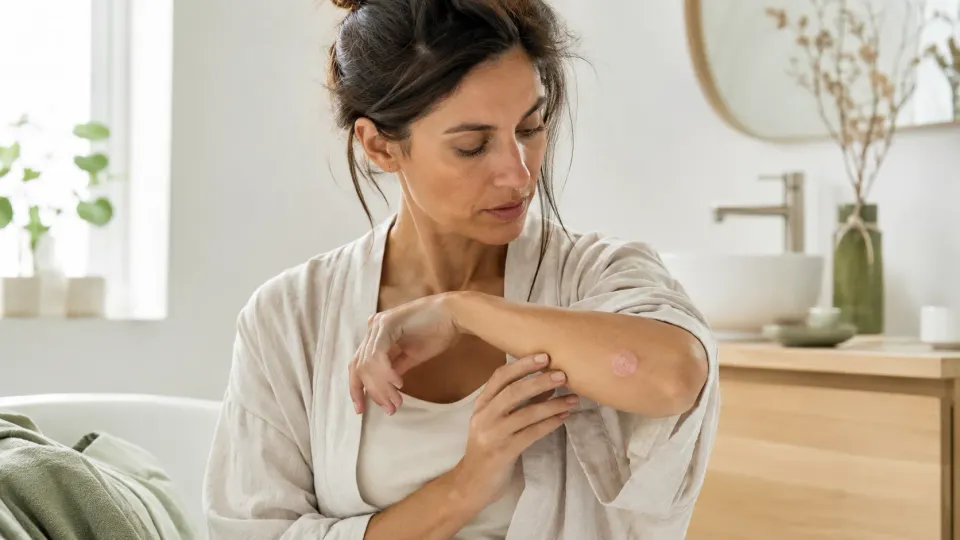 Femme observant une plaque cutanée arrondie sur son avant-bras dans une salle de bain.