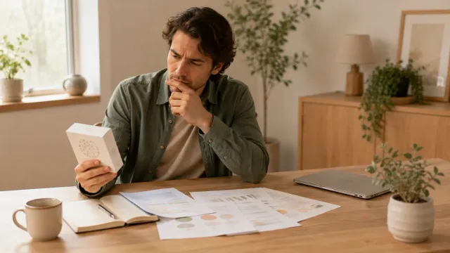 Homme assis à une table examinant une boîte neutre, avec plusieurs feuilles de résultats, un carnet et un ordinateur portable fermé.