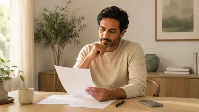 Homme assis à une table lisant une feuille, avec d’autres documents, un stylo et un téléphone devant lui.