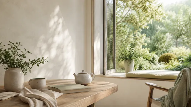Théière, tasse et livre dans un intérieur ouvert sur un jardin