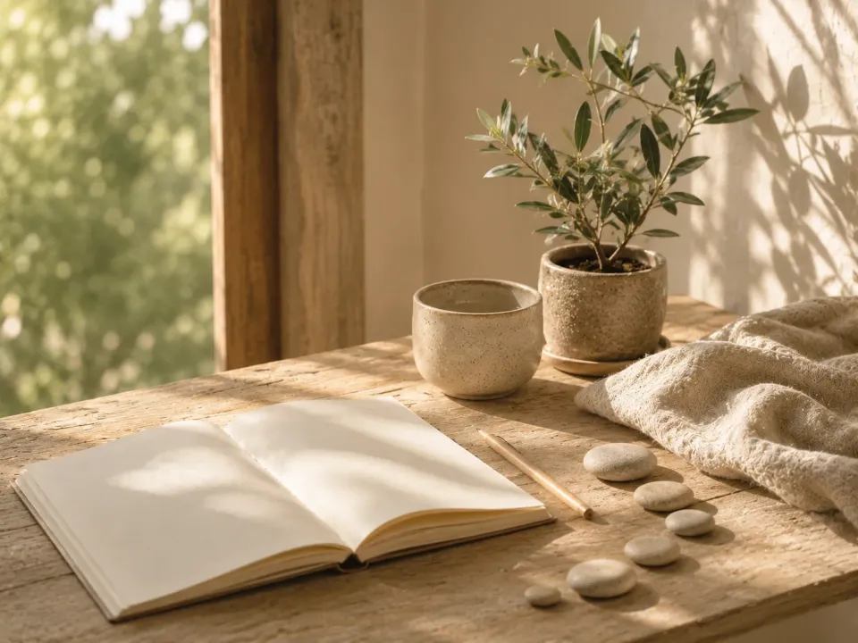 Livre ouvert, tasse et plante sur une table en bois près d'une fenêtre