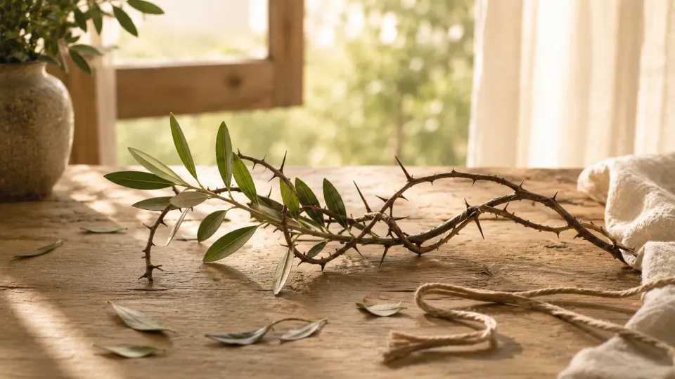 Branche épineuse avec feuilles posée sur une table en bois