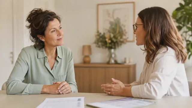 Deux femmes échangent autour d’une table avec des documents dans un intérieur lumineux.