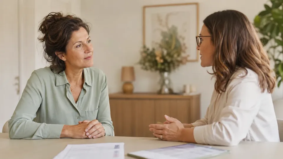 Deux femmes échangent autour d’une table avec des documents dans un intérieur lumineux.