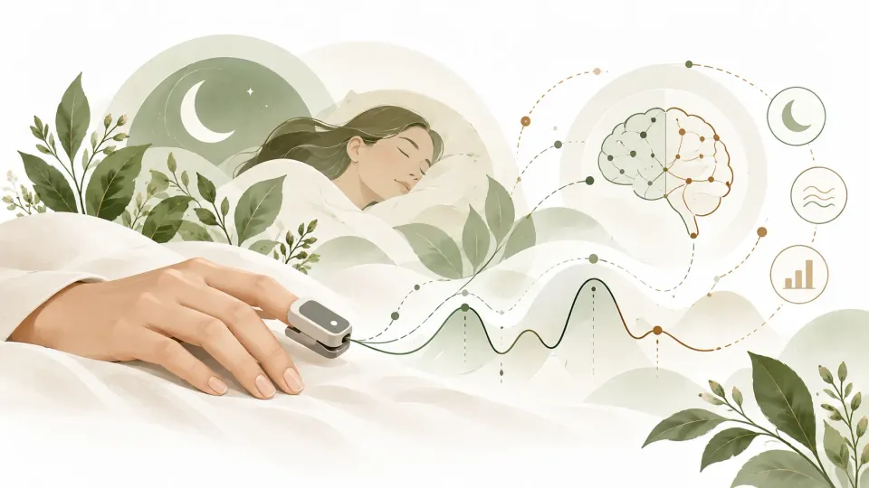 Illustration éditoriale d’un capteur au doigt analysant le sommeil grâce à l’intelligence artificielle.