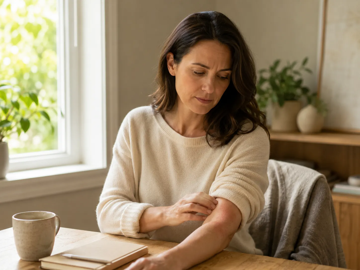 Femme préoccupée touchant des plaques d’urticaire sur son avant-bras alors qu’elle est assise à une table près d’une fenêtre.