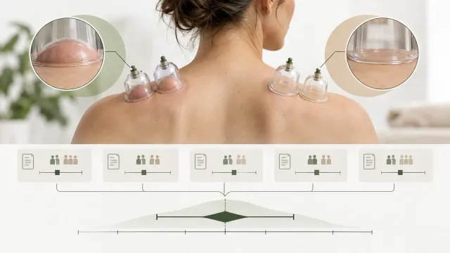 Illustration éditoriale sur une méta-analyse comparant les ventouses sèches à des ventouses placebo pour les douleurs musculosquelettiques.