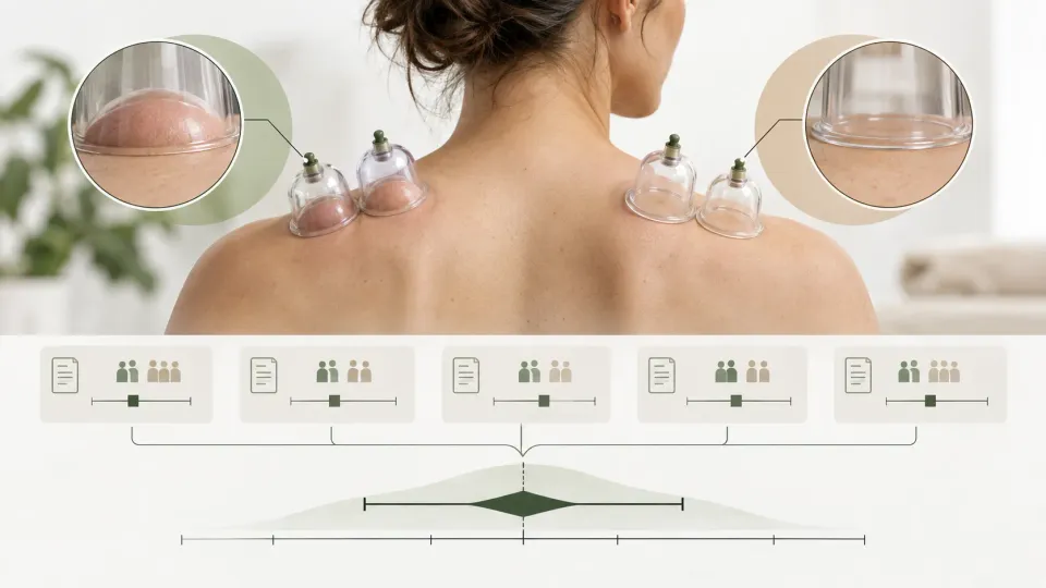 Illustration éditoriale sur une méta-analyse comparant les ventouses sèches à des ventouses placebo pour les douleurs musculosquelettiques.