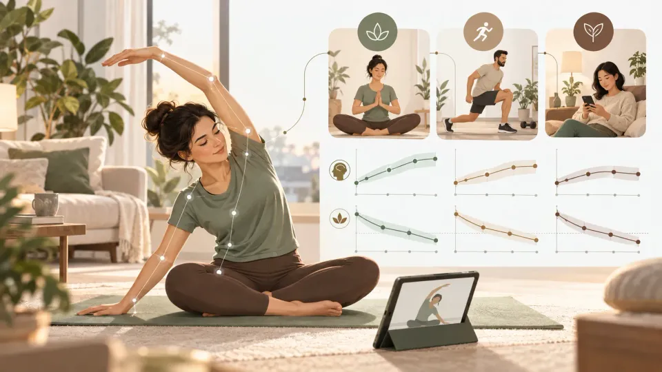 Illustration éditoriale sur un essai randomisé de 2026 évaluant un programme numérique de yoga chez des salariés présentant un niveau de stress modéré à élevé.