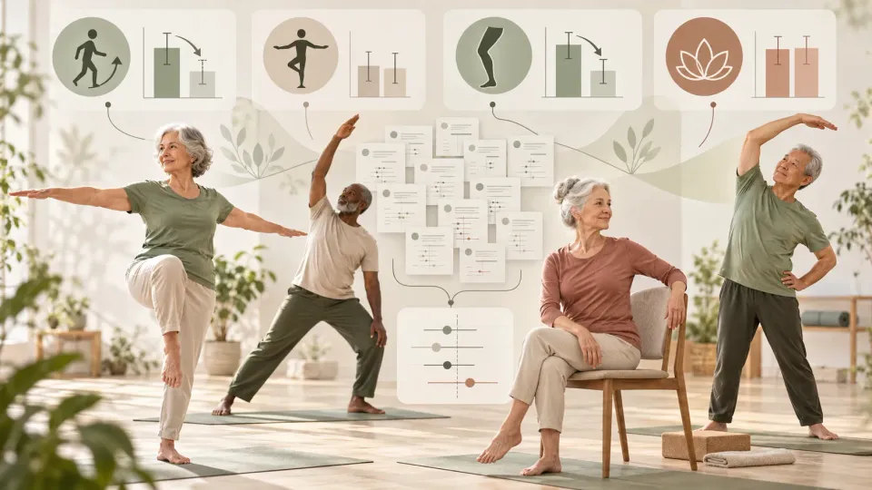 Illustration éditoriale sur une méta-analyse de 2026 évaluant le yoga, l’équilibre, la force des jambes et la qualité de vie chez les personnes âgées.