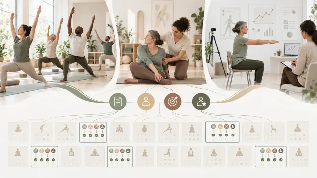 Illustration éditoriale sur une revue de 2026 analysant la manière dont le yoga thérapeutique est défini et encadré dans la recherche clinique.