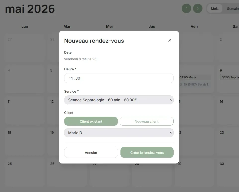 Holia Pro, agenda praticien, Création manuelle
