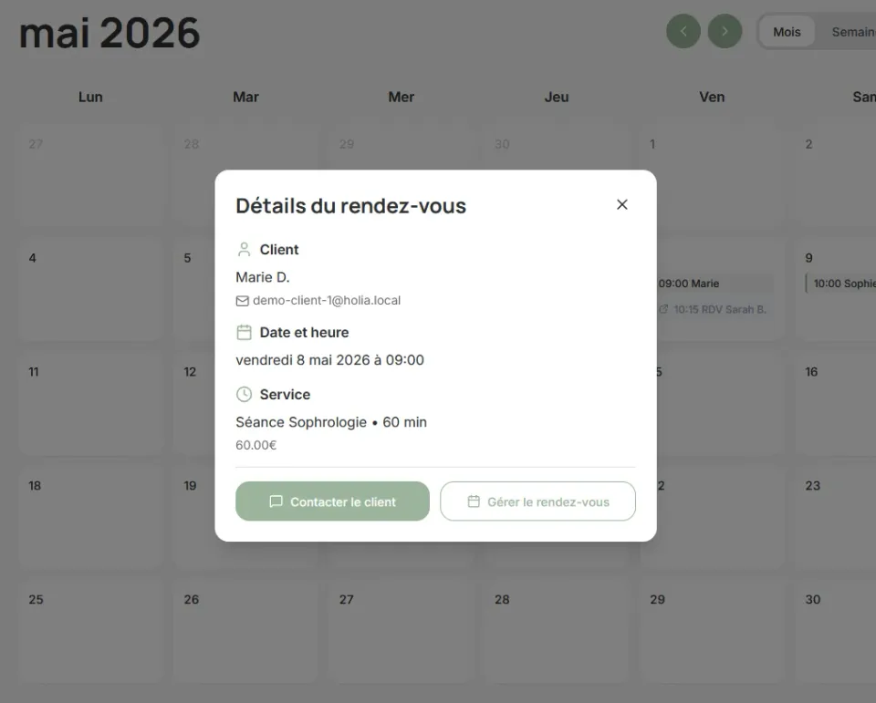 Holia Pro, agenda praticien, Détail du rendez-vous