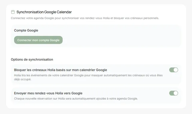 Holia Pro, agenda praticien, Synchronisation Google