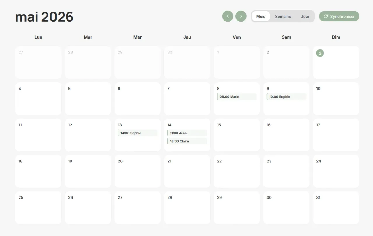 Holia Pro, agenda praticien, Vue mois