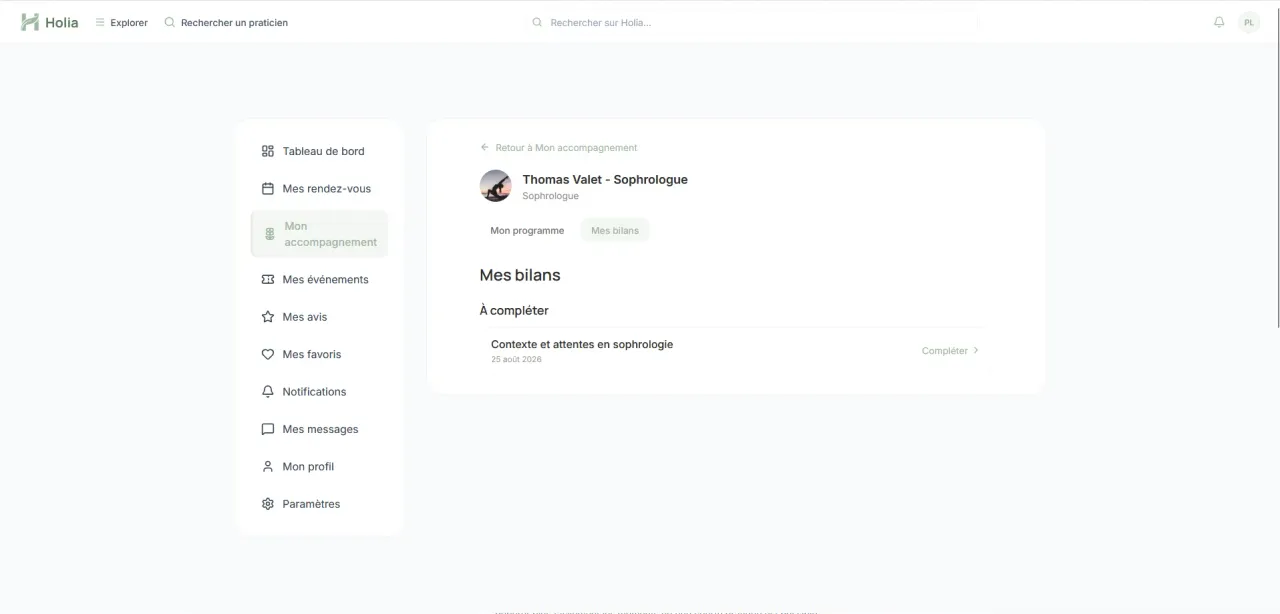 Liste des bilans à compléter dans l’espace Mon accompagnement du client