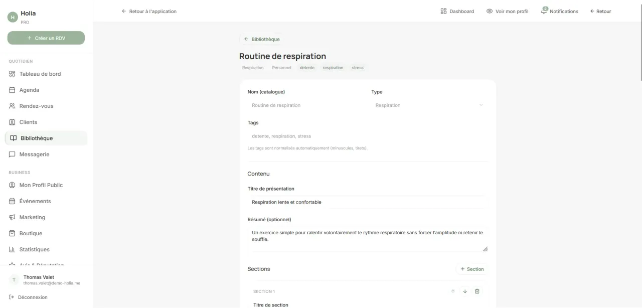 Ressource personnelle de respiration ouverte dans Ma bibliothèque Holia Pro