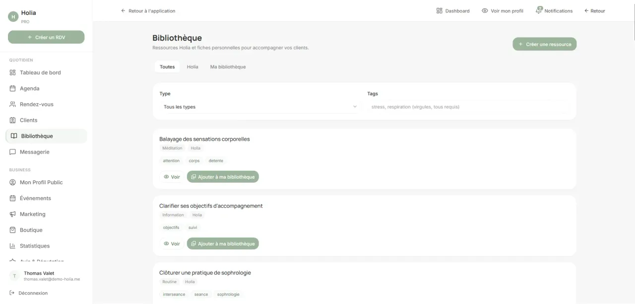 Bibliothèque Holia Pro avec des ressources de sophrologie et l’accès à Ma bibliothèque