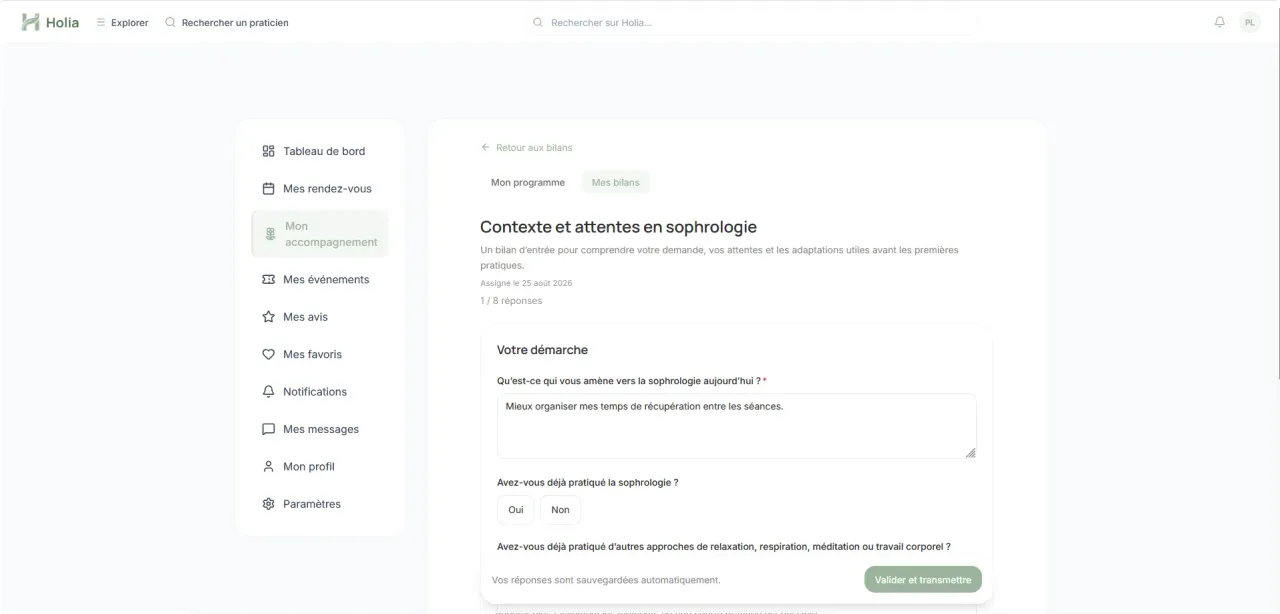 Formulaire de bilan de sophrologie à compléter dans l’espace client Holia