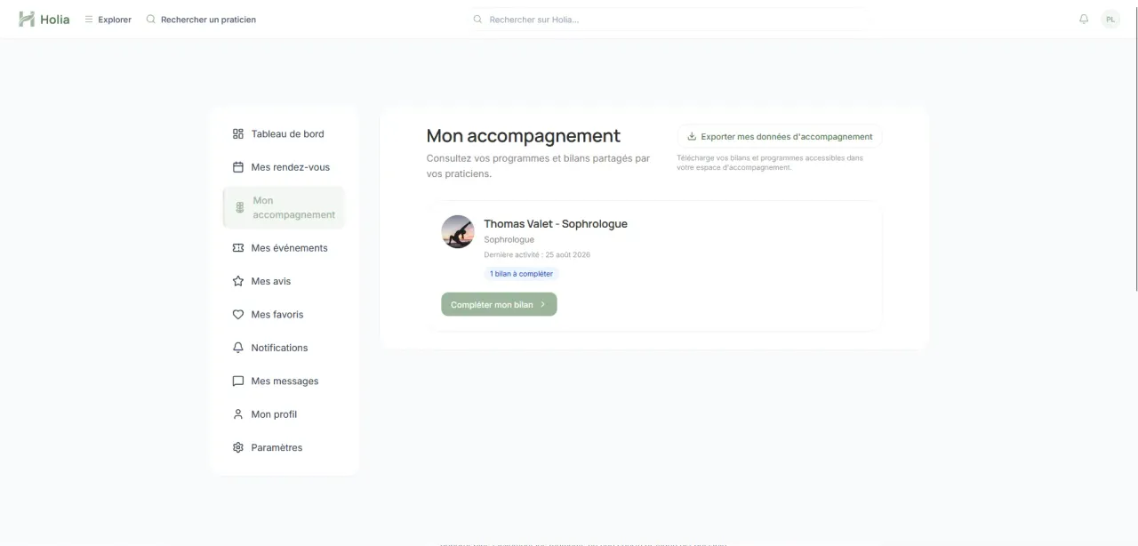 Espace Mon accompagnement avec un bilan de sophrologie à compléter