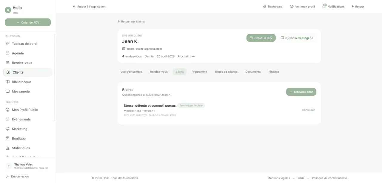 Dossier client Holia Pro affichant un bilan de sophrologie terminé par le client