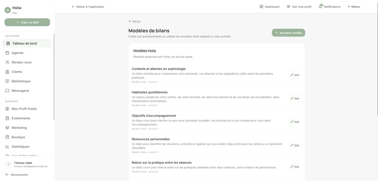 Modèles de bilans Holia Pro disponibles pour un sophrologue