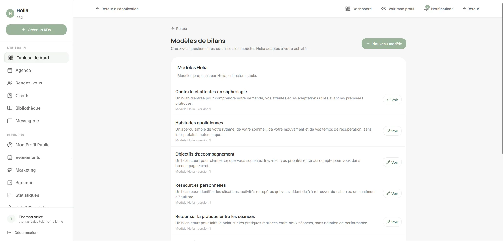 Modèles de bilans Holia Pro