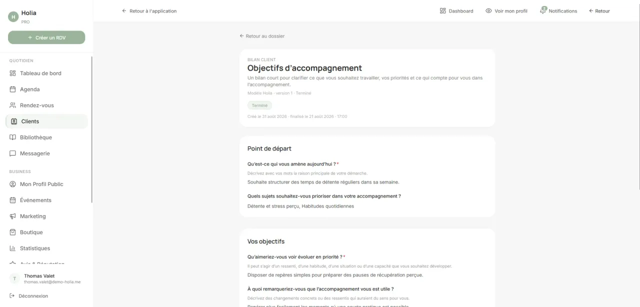 Bilan d’accompagnement finalisé dans le dossier client Holia Pro