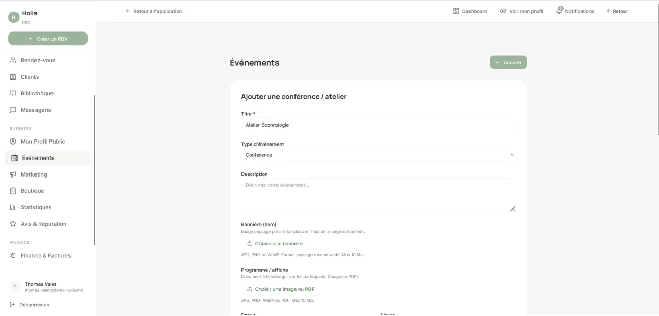 Formulaire de création d’un atelier ou d’une conférence dans Holia Pro