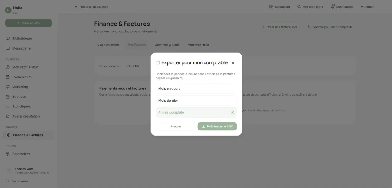 Fenêtre d’export comptable Holia Pro permettant de télécharger en CSV les factures payées sur une période choisie