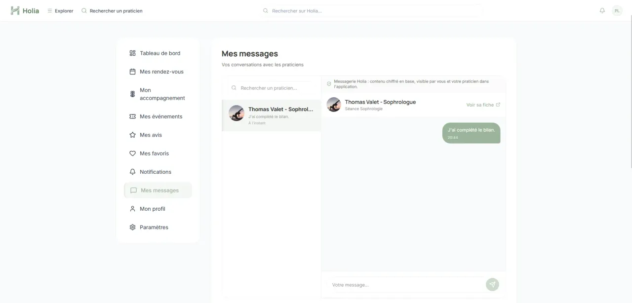 Messagerie Holia côté client avec une conversation avec son sophrologue