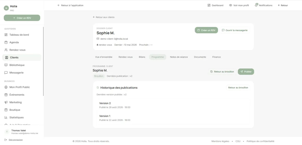 Historique des versions publiées d’un programme d’accompagnement dans Holia Pro