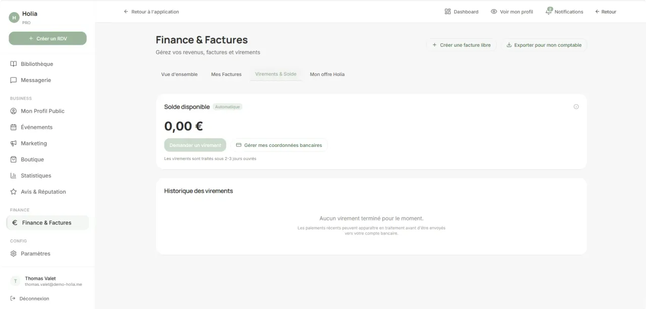 Onglet Virements et Solde de Holia Pro avec solde disponible, coordonnées bancaires et historique des virements