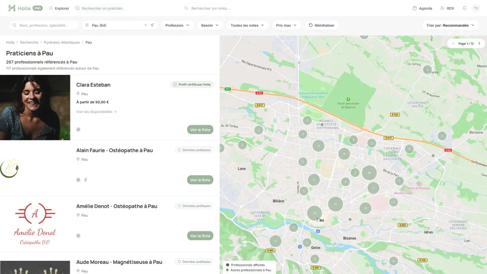 Interface de recherche Holia avec professionnels référencés et carte locale