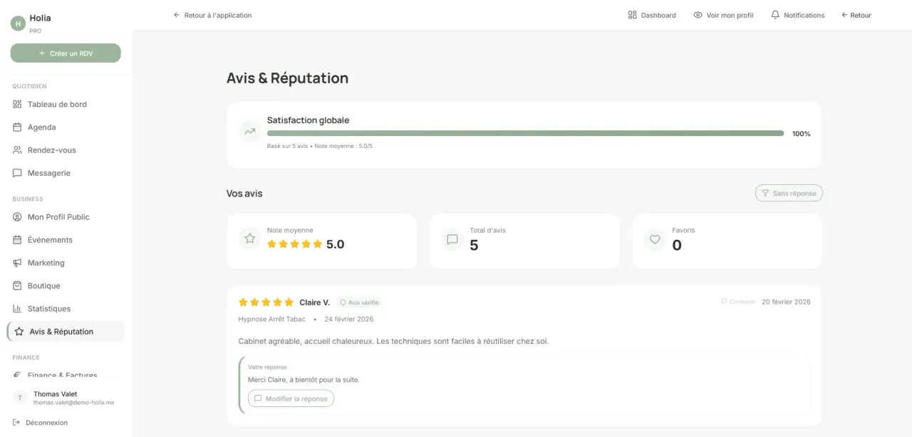 Liste des avis vérifiés dans Holia Pro