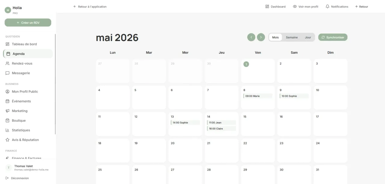 Capture de l’agenda Holia Pro en vue semaine