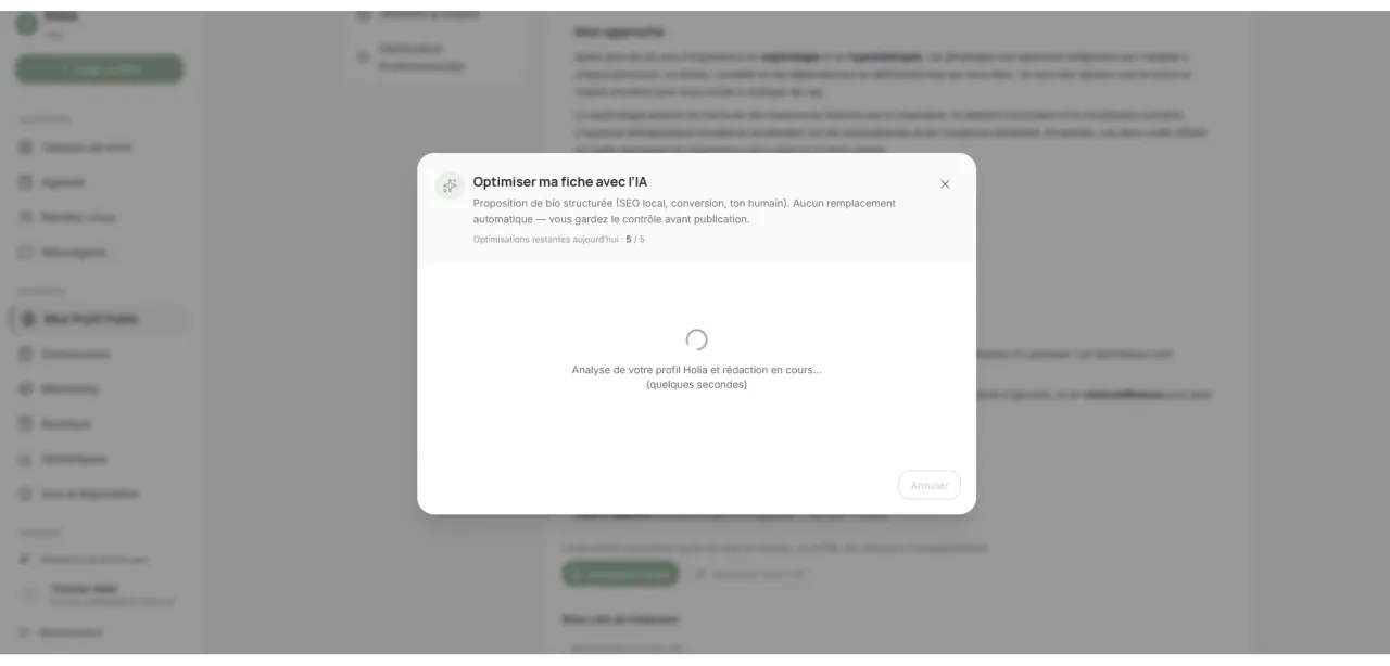 Suggestions de l’assistant IA dans Holia Pro