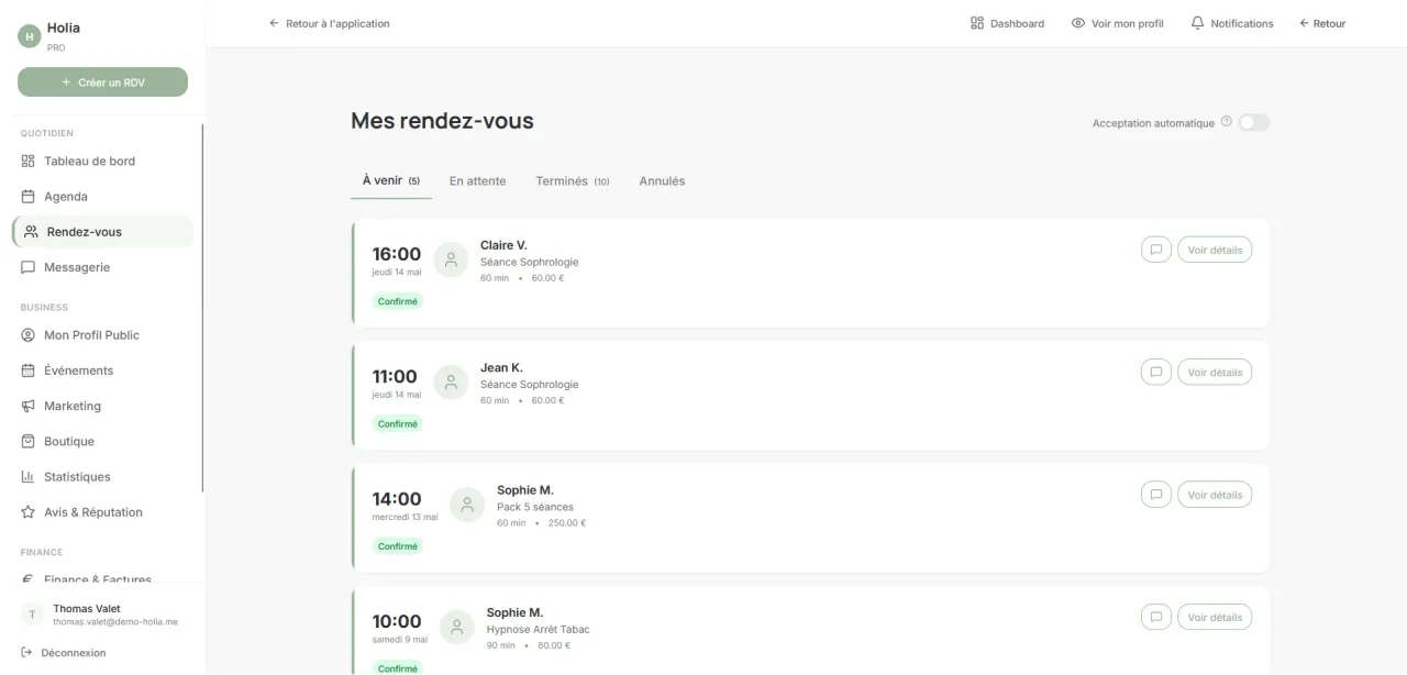 Liste des rendez-vous dans l’espace praticien Holia