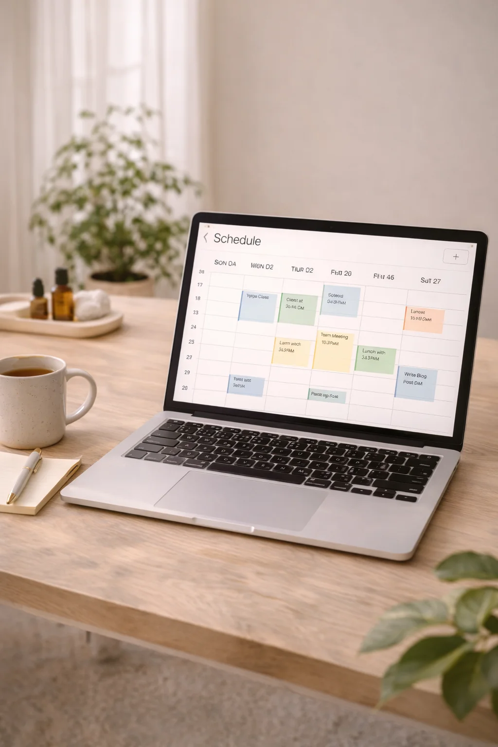 Espace de travail lumineux avec ordinateur affichant un planning épuré, séance de coaching bien-être