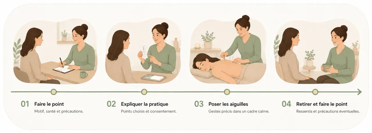 Infographie Holia illustrant les étapes d’une séance d’acupuncture, de l’entretien préalable au retrait des aiguilles et au retour.
