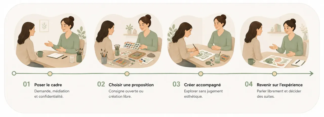 Infographie Holia illustrant les quatre temps d’une séance d’art-thérapie, de la demande initiale au retour sur la création.