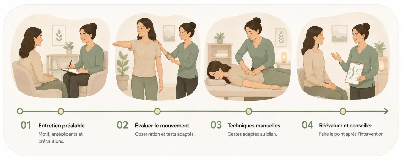 Infographie Holia illustrant les quatre temps d’une consultation chiropratique, de l’entretien aux techniques manuelles et au suivi.