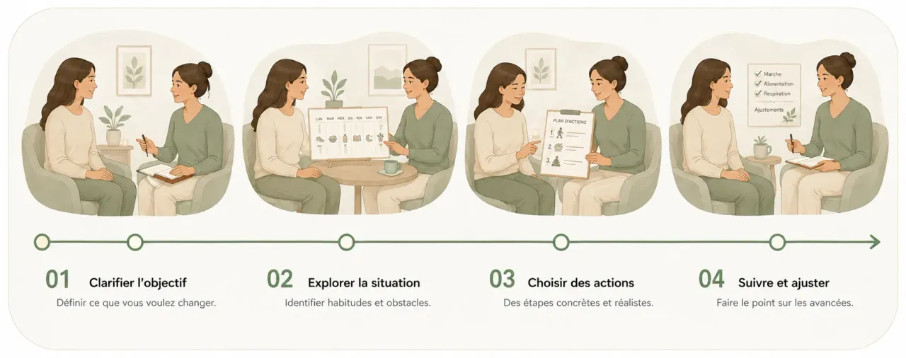Infographie Holia illustrant les quatre temps d’une séance de coaching bien-être, de l’objectif concret au plan d’action.
